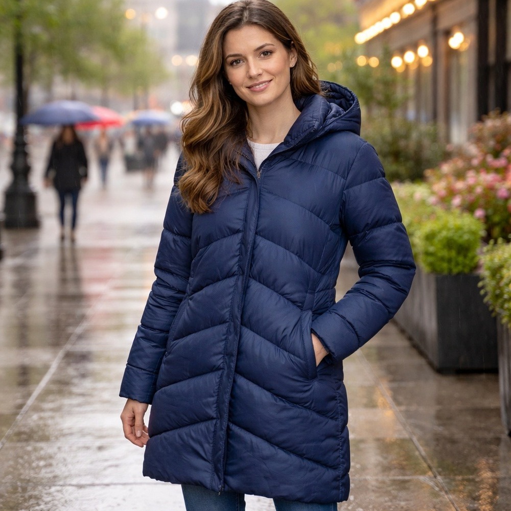 NWT Rebecca Minkoff Navy Puffer Coat Hooded Quilted Full Zip‎ Snap Midi Length S